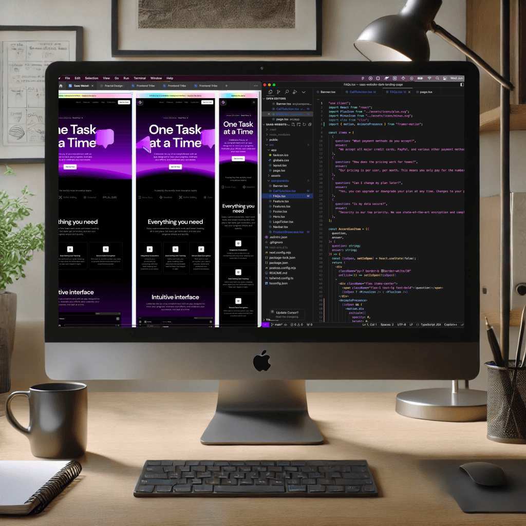 Computer monitor showing a dark mode SaaS landing page design and code side by side